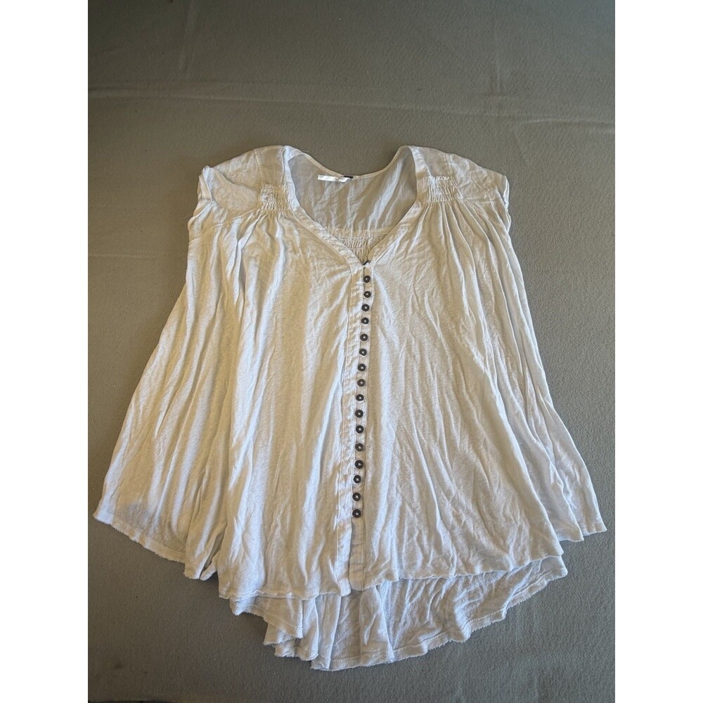 Free People White Solid Linen Blend Button-Front V-Neck Blouse Women's S